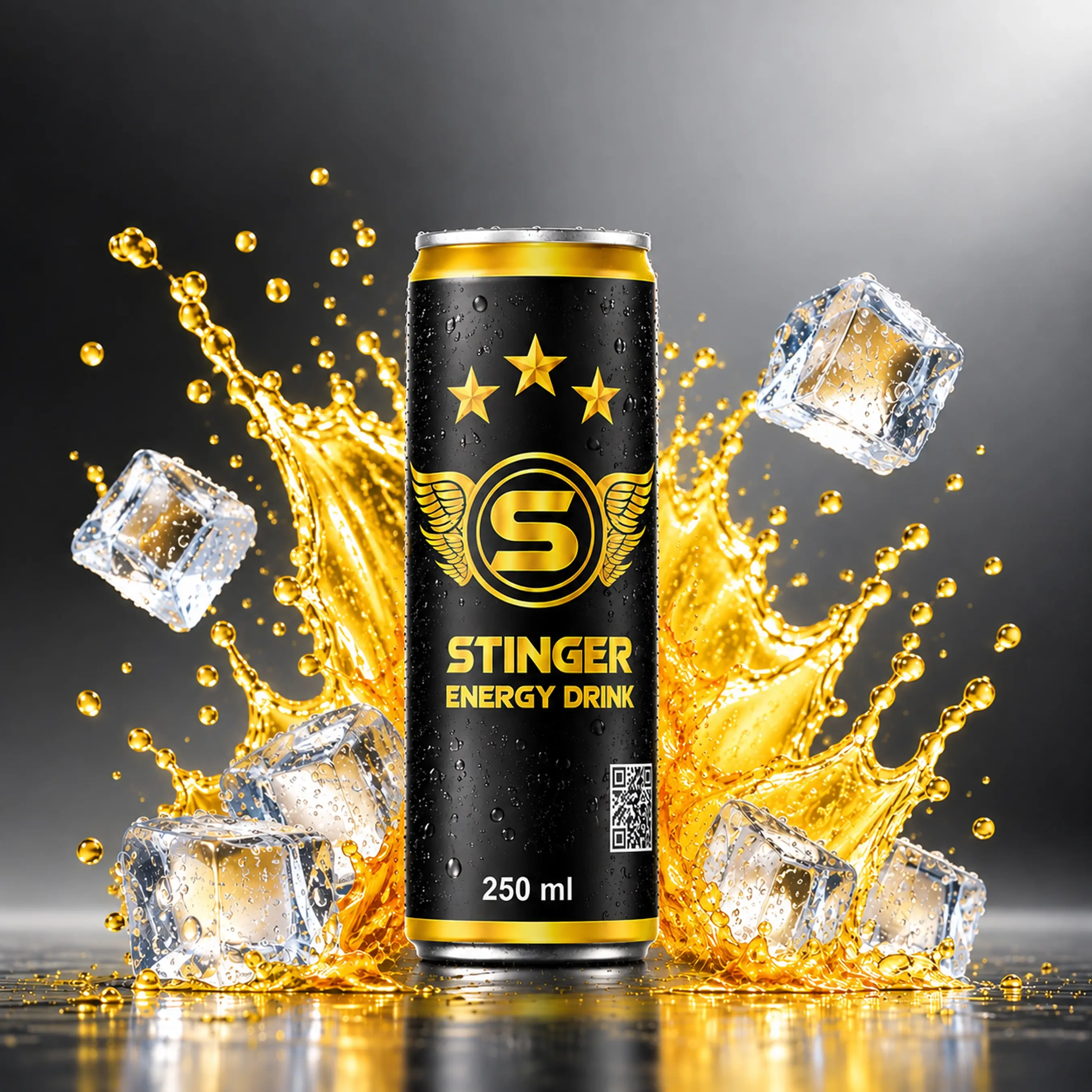 STINGER Energy Drink 250 ml black and gold can with golden splash and ice cubes.